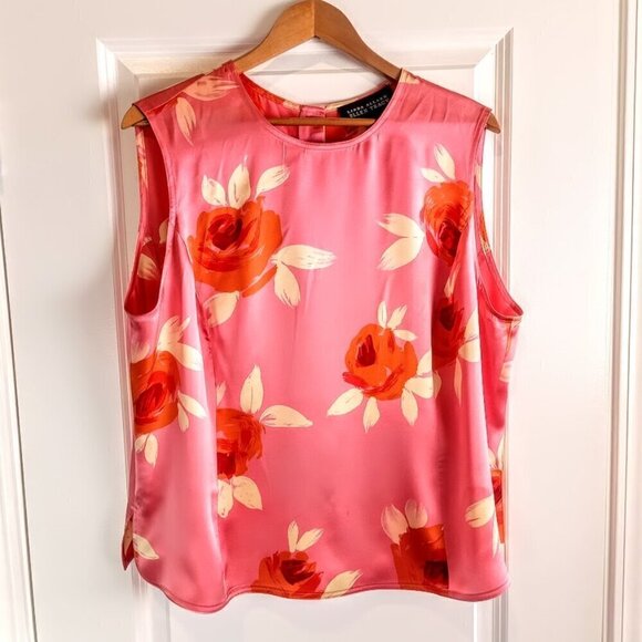 Linda Allard Ellen Tracy Coral Floral Silk Sleeveless Top NWT - Picture 1 of 6